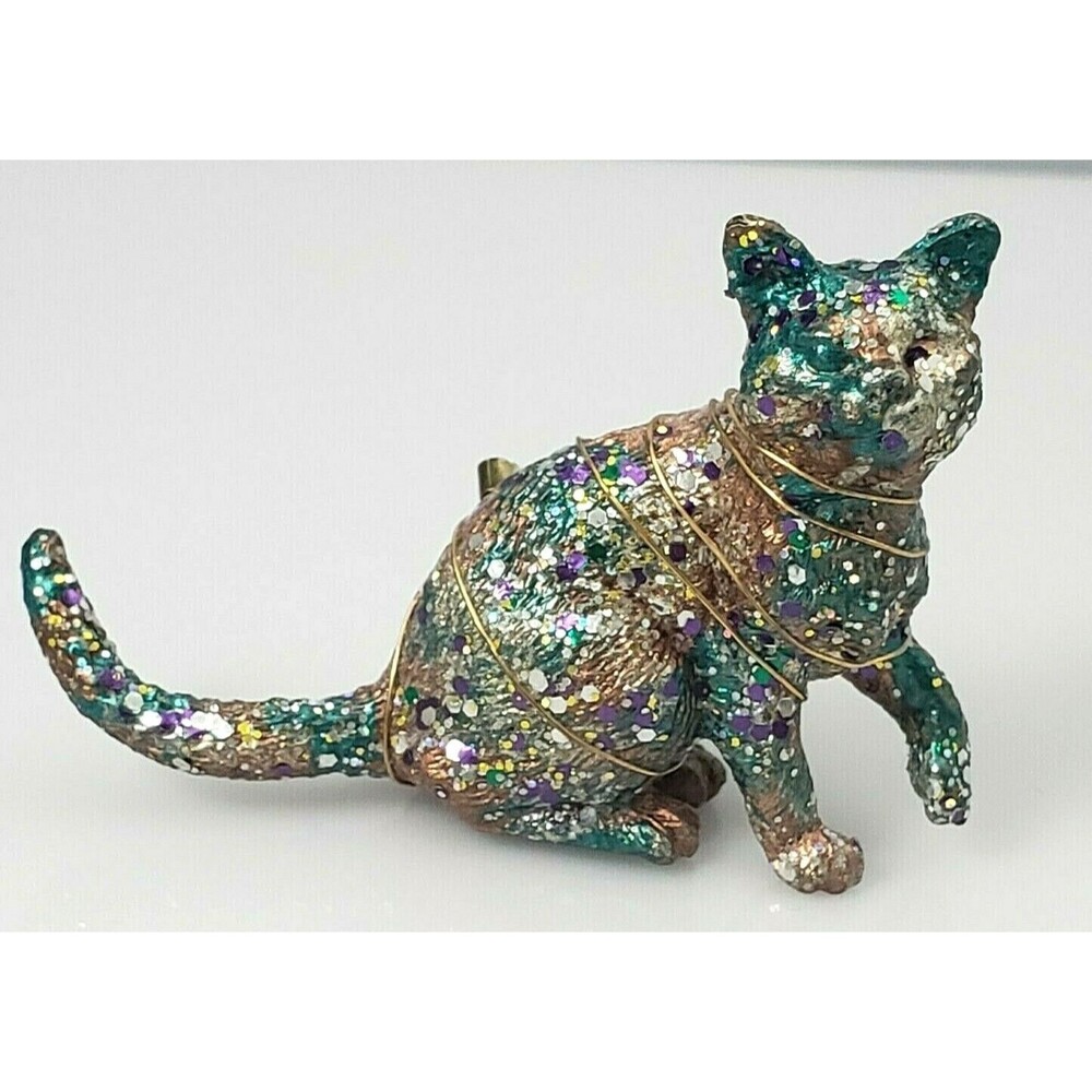 Lois Miller Cat Kitty Brooch Pin Wire Wrapped Gold Glitter Blue Pink Vintage